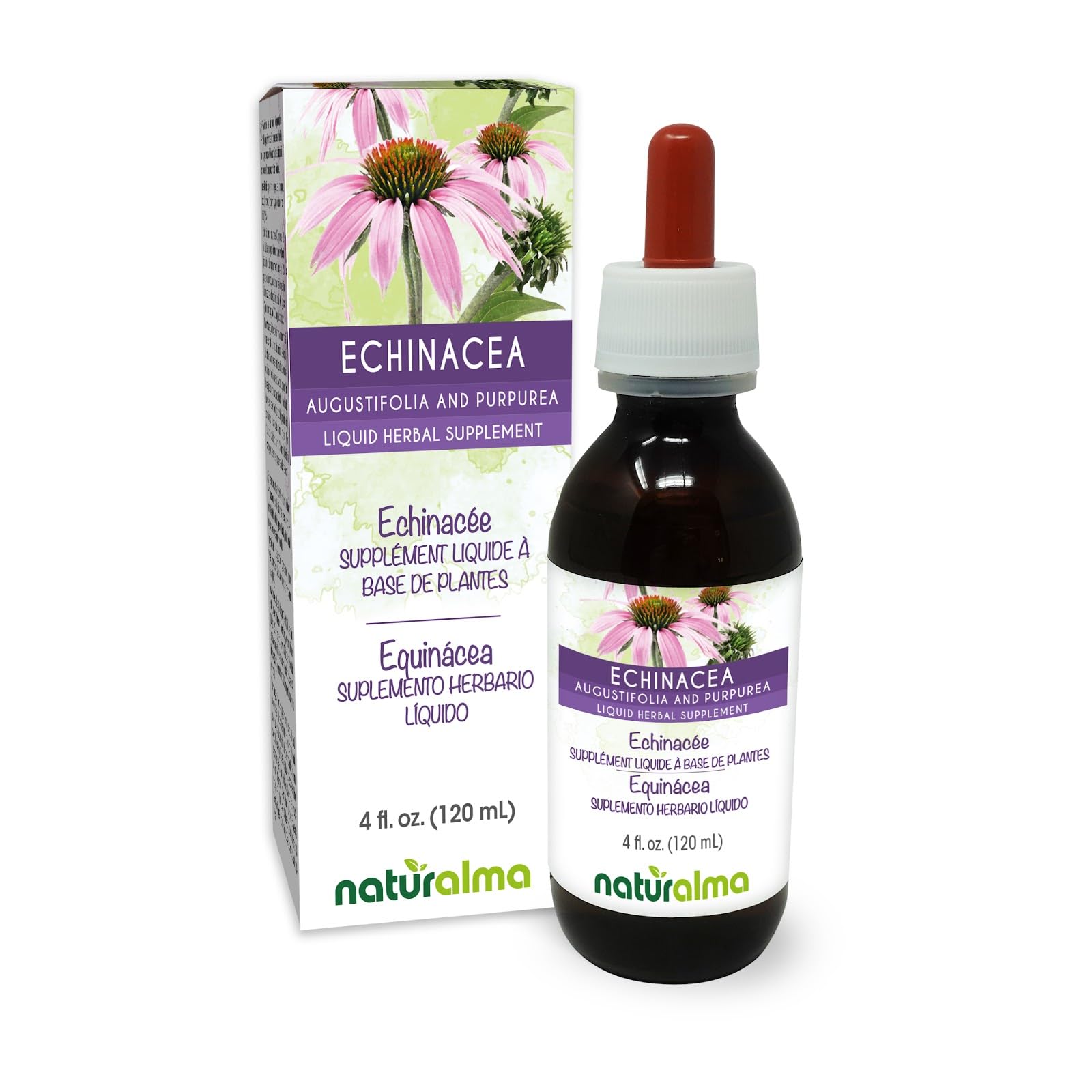 Naturalma Echinacea (Echinacea angustifolia and purpurea) Root and herb Alcohol-Free Tincture - 4 fl oz Liquid Extract in Drops - Herbal Supplement - Vegan 4 Fl Oz (Pack of 1)