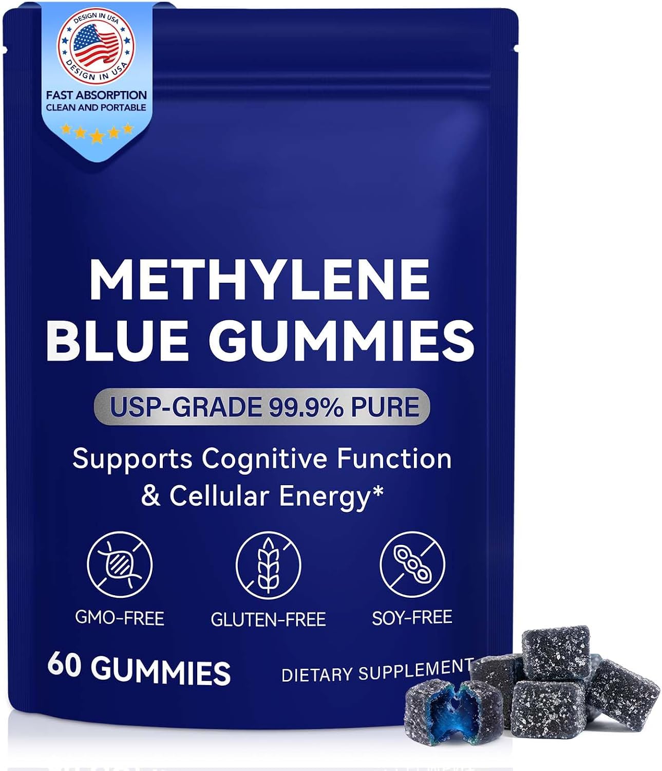 Methylene Blue Gummies 60ct - 5mg, 99.9% Pure - Supports Cognition, Focus, Cellular Energy & Antioxidant - Vegan, Non-GMO - Easy Gummy Format