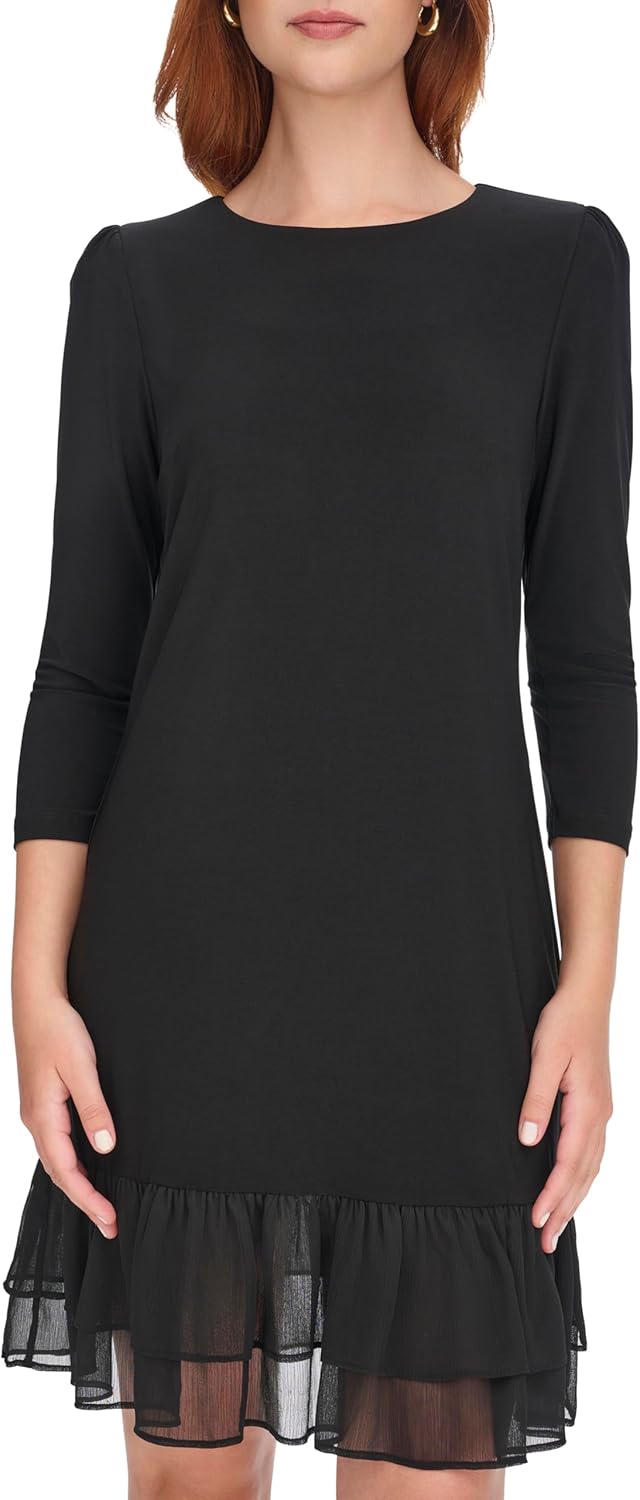 Tommy Hilfiger Womens 3/4 Sleeve Jersey/Chiffon Mix Ruffle Hem Dress - Image 2