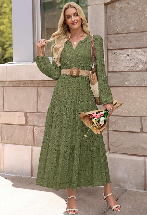 MEROKEETY Women's Fall Eyelet Lace Floral Maxi Dress, ArmyGreen, S by MEROKEETY - Used condition - Image 5