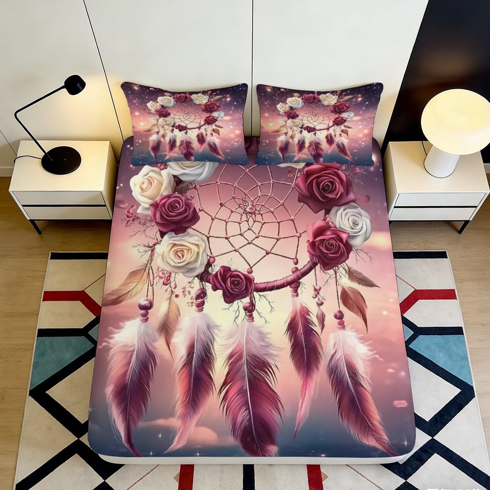 3D Printed Dreamcatcher Feather Fitted Sheet Microfiber Deep Pocket Non-Slip Bedroom Bedding Dreamcatcher Mattress Fitted Cover Washable 140x200x25cm