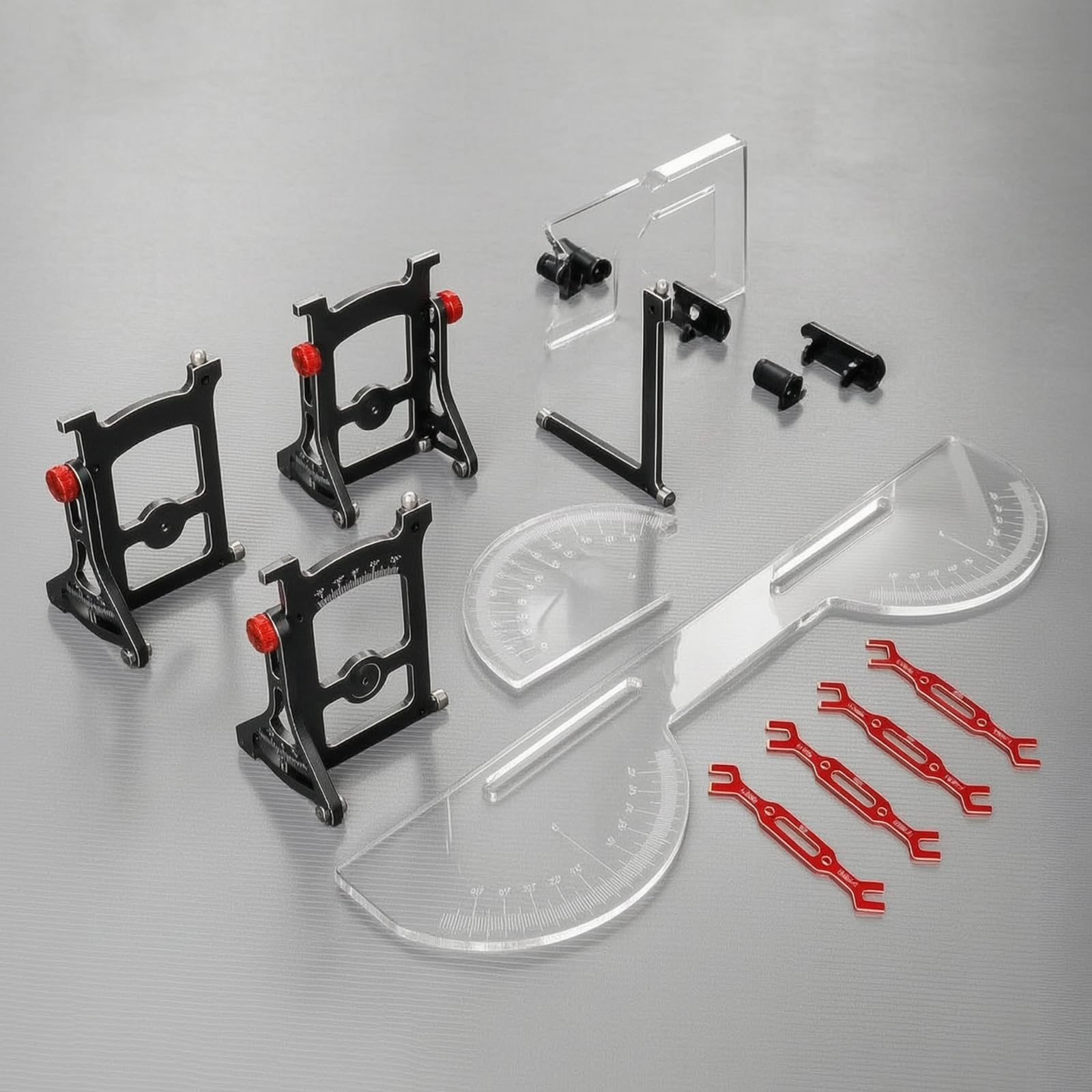 harayaa Calibratore Veicoli in 1/10 Strumento Telaio RC Misuratore Angoli Ruota con Piastra Trasparente Supporti Metallici Regolazioni Rapide Adatto a, Blu, Con Tirante Di Regolazione
