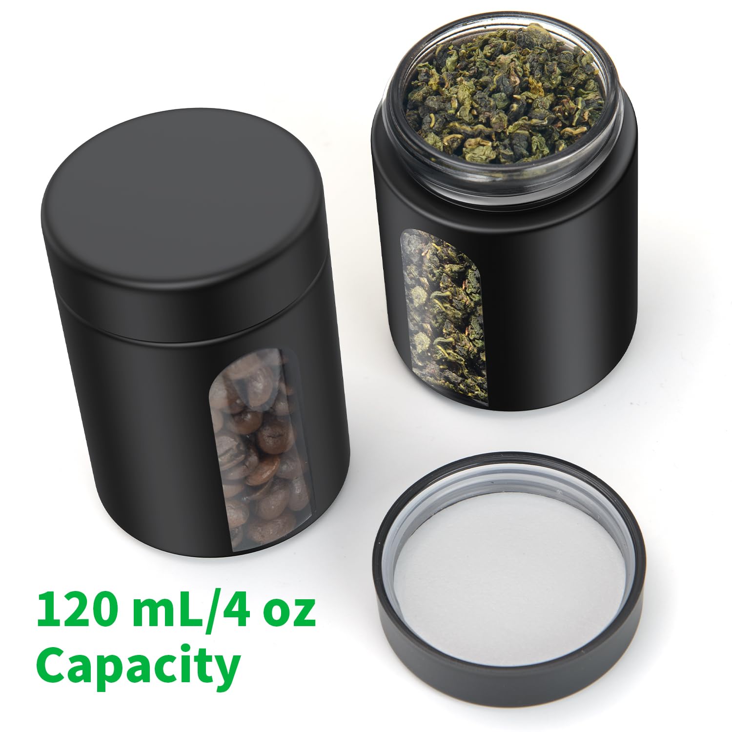 Urekt Tarro de almacenamiento de vidrio (4 onzas), paquete de 2 recipientes visuales a prueba de olores con tapa resistente a los niños, pequeña botella impermeable multiusos para café, té, hierbas,