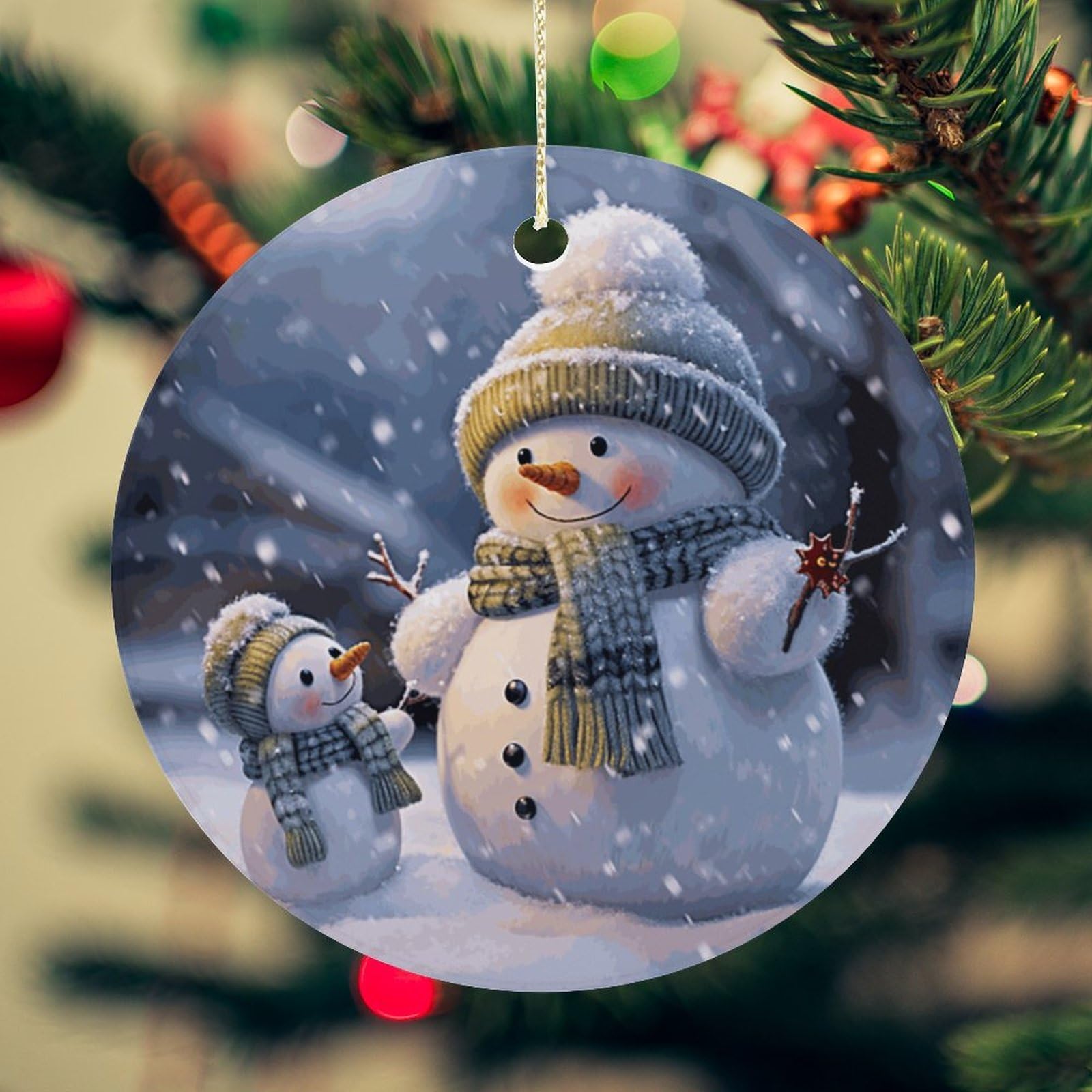 Winter Snowman Christmas Ornament for Christmas Tree Ceramic Round Ornament Winter Holiday Keepsake Gift 2.7" Christmas Tree Hanging Decorations Circle Ceramic Pendant Xmas Gift