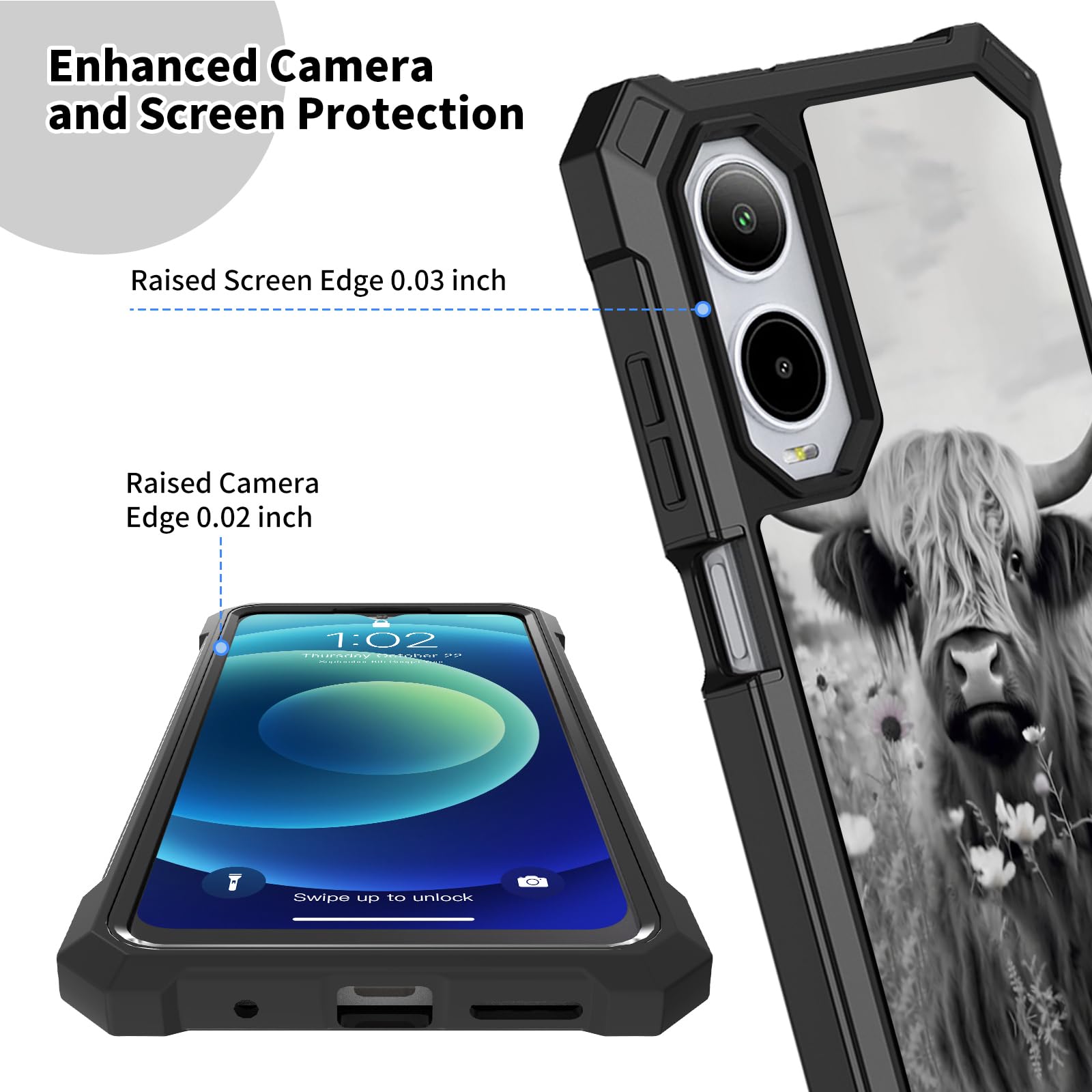 for Cricket Debut S3 Phone Case, AT&T Vista 2 Case with Screen Protector,Full-Body Protection Heavy Duty Silicone Bumper Hard PC Shockproof Corner Cover Case for Debut S3,Highland Cow Ox Cattle