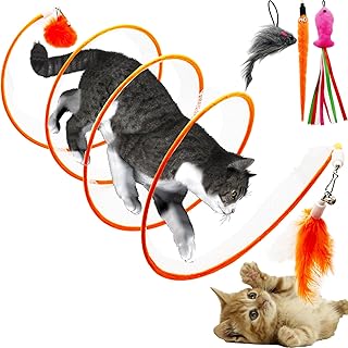 Folded Cat Tunnel, Collapsible Cat Tunnel Toy with Cat Feather Worm Fish Mouse Toys Refills, Interactive Cat Feather Toy Cat Tunnels for Indoor Cats (Orange)