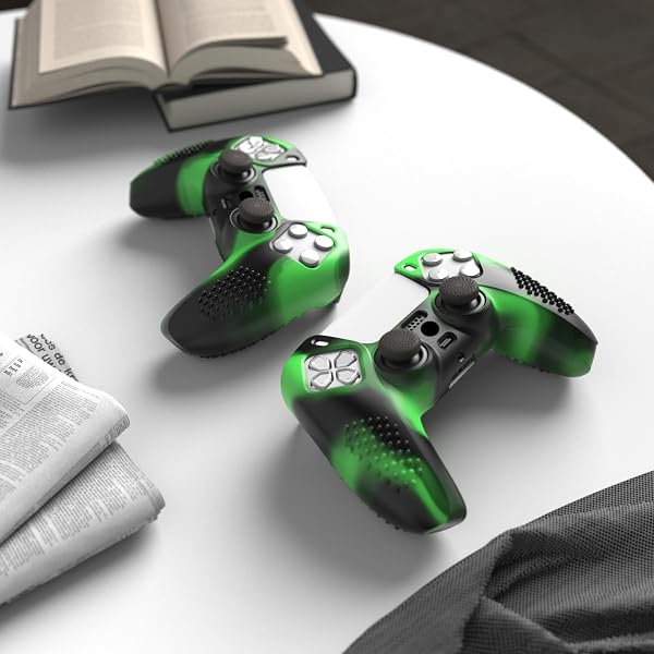 eXtremeRate PlayVital Black 3D Studded Edition Anti-Slip Silicone Cover Skin for ps5 Controller, Soft Rubber Case Protector for ps5 Wireless Controller with Thumb Grip Caps - Green & Black - 2