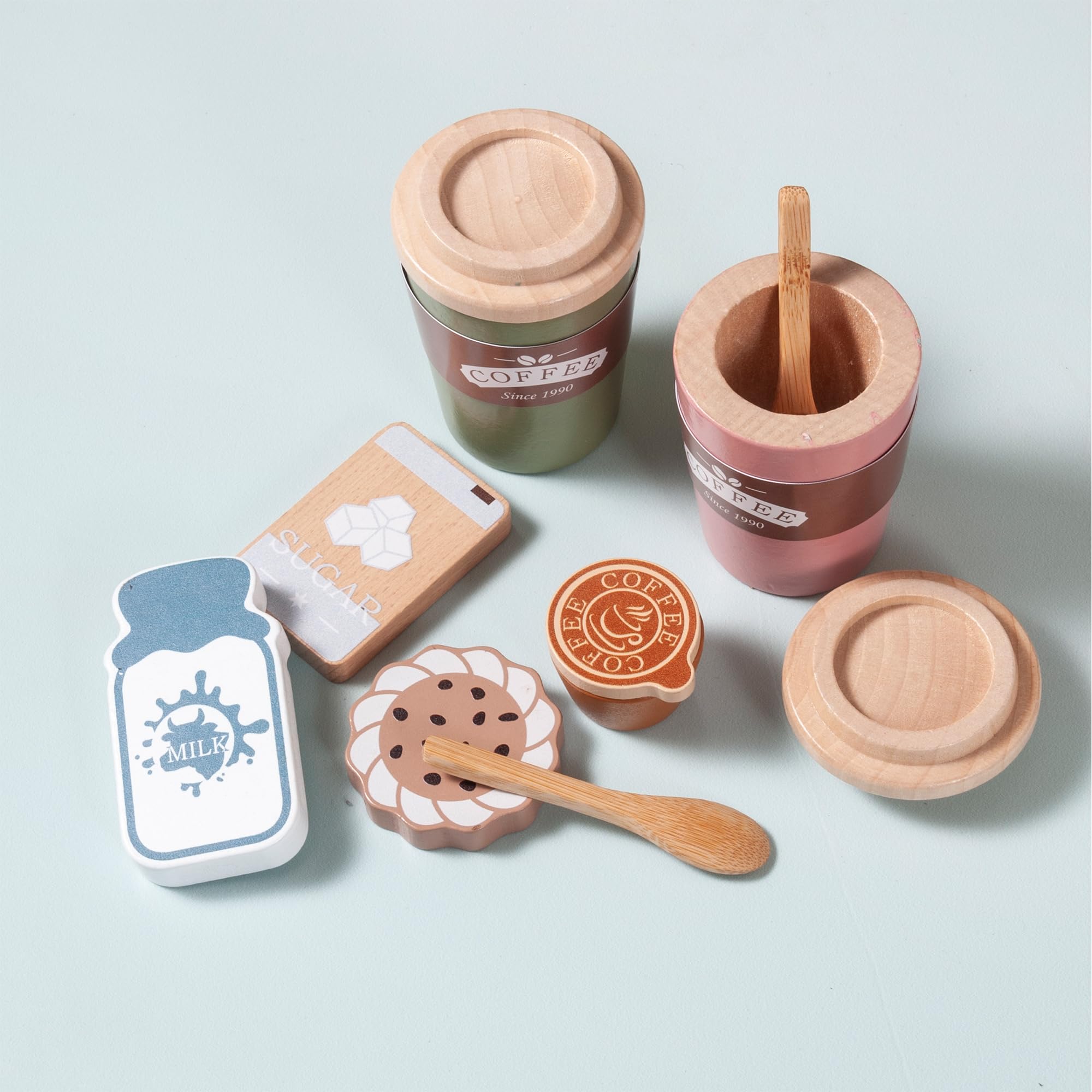 Juego de café para niños, juguete Montessori de madera, accesorios de cocina con tazas de café, espresso y leche, juego de café para niños y niñas, regalo de cumpleaños para niños y 7
