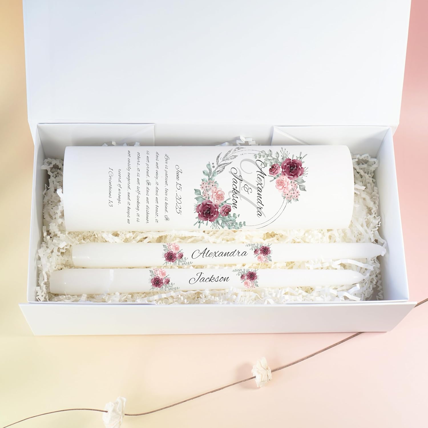 Unity Candles for Wedding, Unity Set, Custom and Personalized Pillar and Taper Candles with Bible Quote, Unscented White Premium Wax, Religious and Wedding Ceremony, Special Events (Clover)