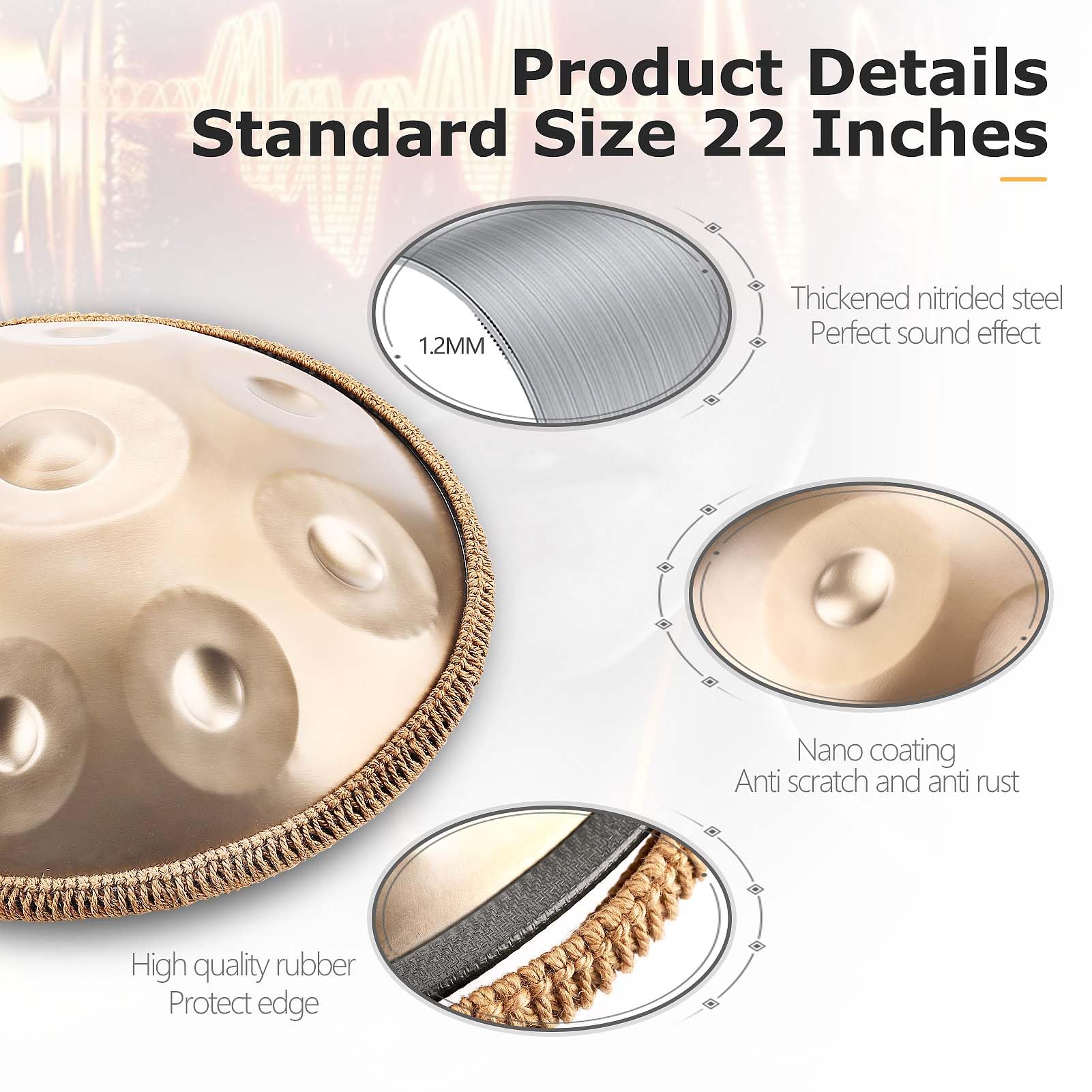 Handpan Drum, 22 Zoll 9/10/12/ Note 432/440 Hz Steel Tongue Drum in D-Moll Steel pan für Yoga-Meditation, Klangheilung (Gold, 9 Töne- 432Hz)