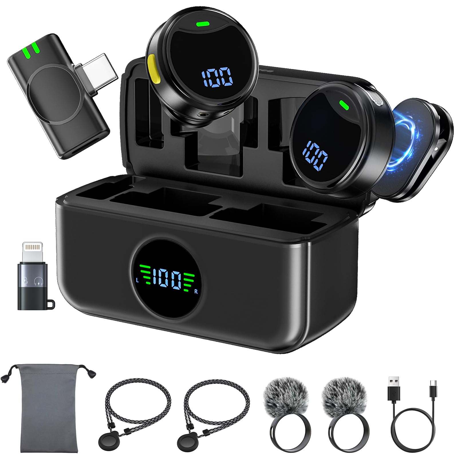 Wireless Lavalier Microphone for iPhone/Android, Mini Lapel Mic with Noise Cancellation, 30h Battery Life, USB-C/Lightning Plug, iPhone Microphone for Video Recording, Vlogging