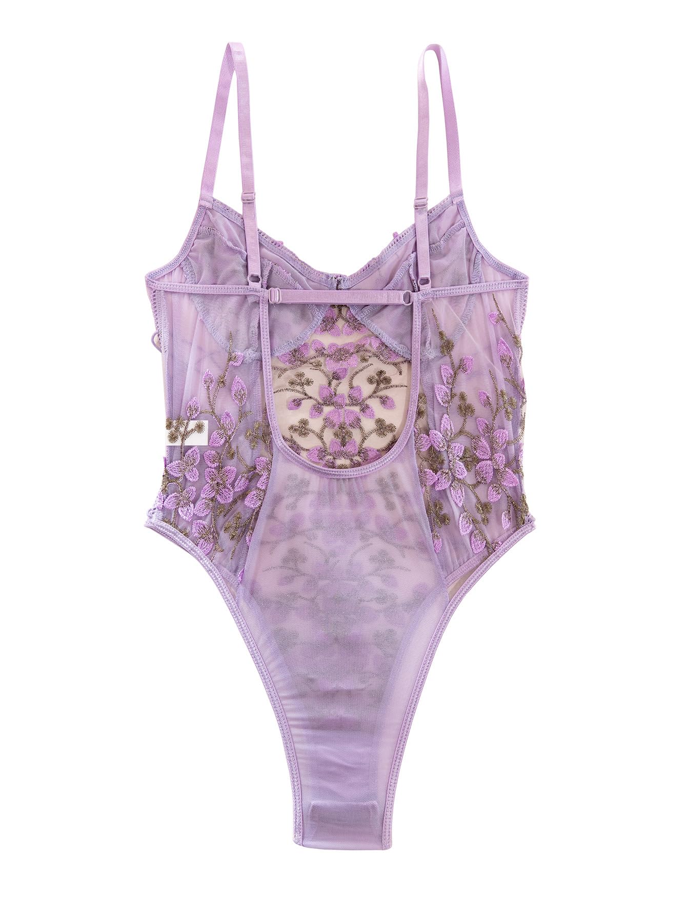Lilosy Women Sexy Lace Up Floral Embroidered Teddy Lingerie Bodysuit Top Mesh Sheer One Piece: Small Lavender Purple
