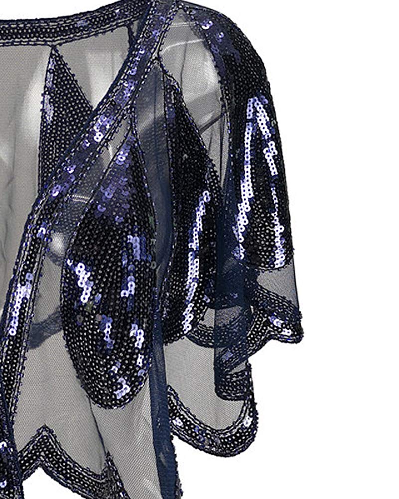 Grouptap Wedding brides women gatsby cape shawl beaded wrap bolero blue black for 1920s art decor fashion evening party dress (Blue) - Image 4