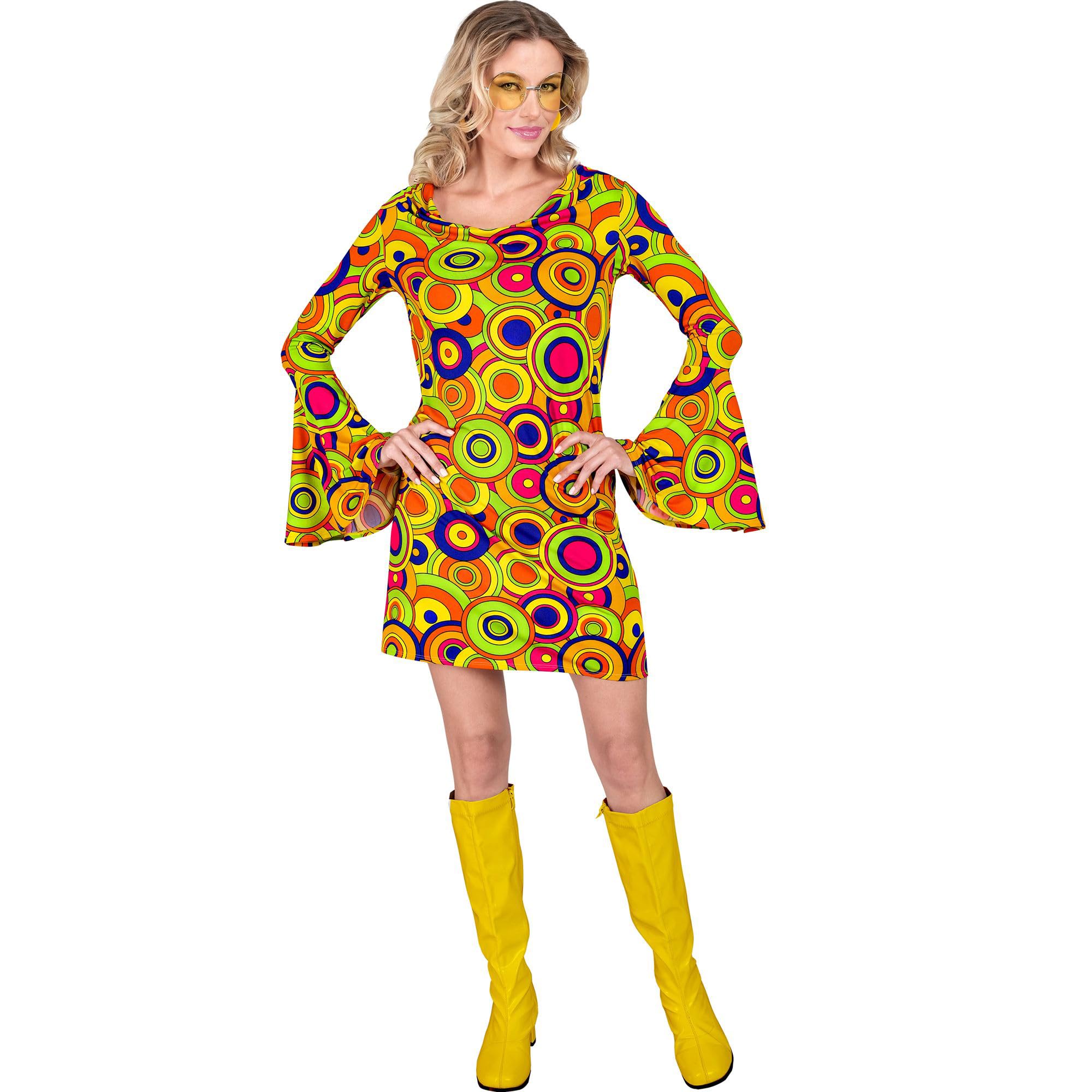 W WIDMANN MILANO Party Fashion - 70er Jahre Kleid für Damen, Kreismuster, mit Trompetenärmeln, Kostüm für Karneval, Festival, Mottoparty