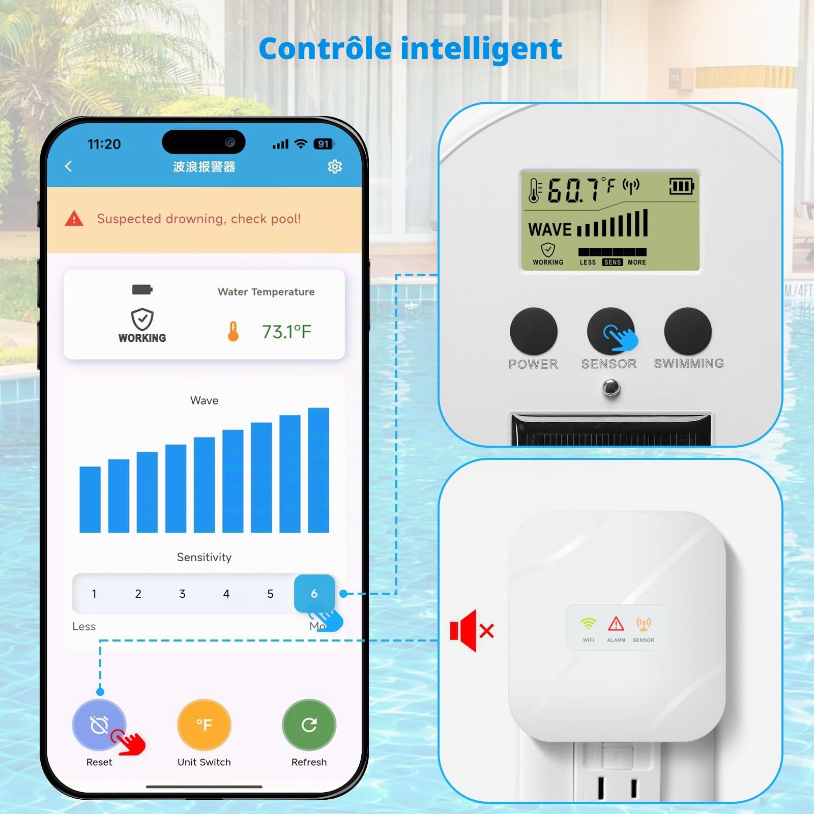 Alarme de piscine WiFi Zuomeng solaire avec haute sensibilité, contrôle intelligent par application, double alarme via appareil et application, offrant une protection supplémentaire pour vos enfants