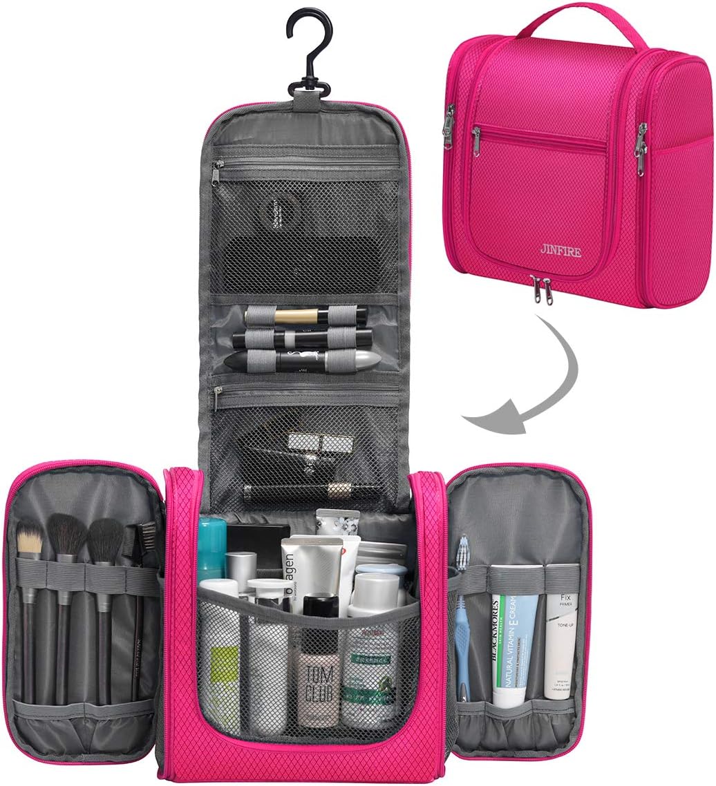 JINFIRE Premium Rotatable Hook Hanging Toiletry Bag for Women and Men Large Waterproof Travel Toiletries Organizer Kit Bathroom Shower Shaving Bag,Pink