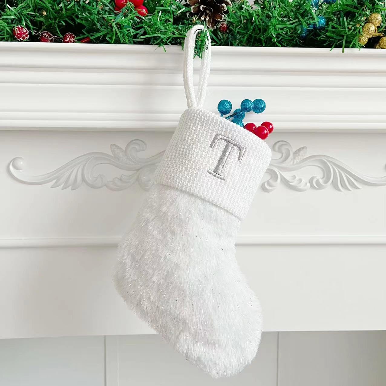 Initial Letter Christmas Stocking White Snowflake Knitted Christmas Tree Stockings Decorative Sock Hanging Ornament for Mantel Fireplace (White T, 10inch)