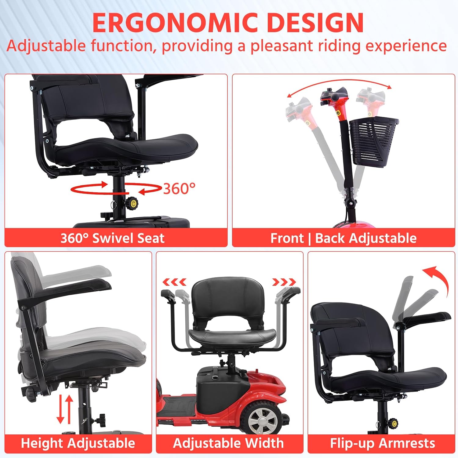 Mobility Scooters for Seniors, Light Weight Mobility Scooters for Adults, Foldable Powered Mobility Scooter, Compact Folding Electric Mobility Scooter, LED Lights, Adjustable Seat, 3~6.5 KM/H (RED)