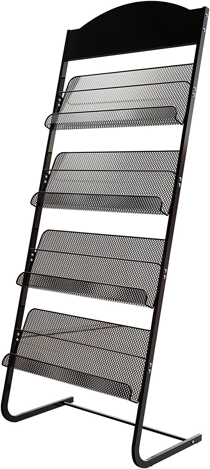 Jkjzsalj Floor-Standing Magazine Rack,Magazine Stand,L Shape Magazine Holder Stand With 4 Mesh Pocket Brochure Display Organizer Racks For Living Room/Waiting Room
