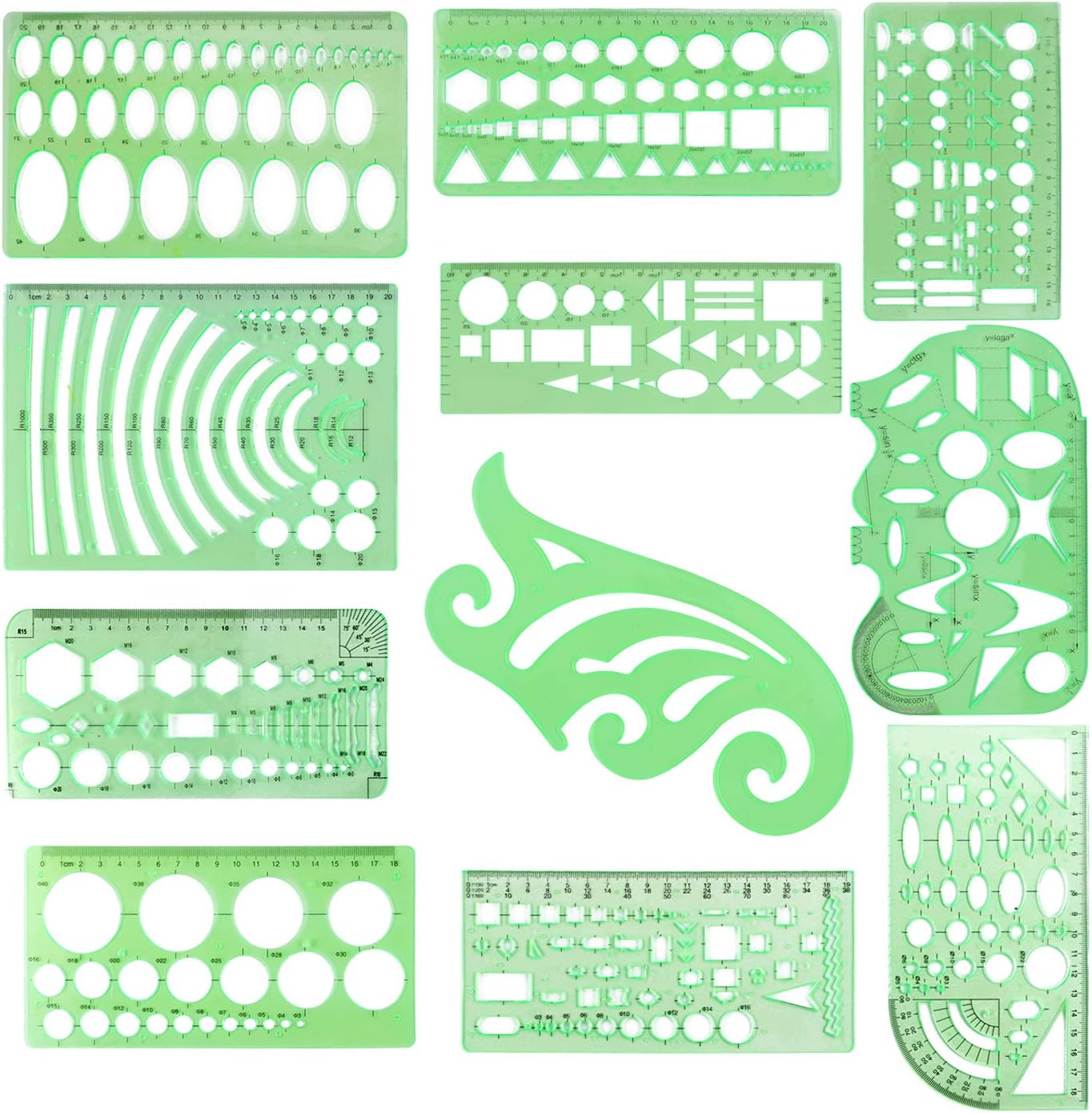 ARTSTORE Set of 11 Drawing Geometric Stencils Templates Set,Plastic Ruler Drafting Tools Mathematics Triangle Oval for Kids at Home School Office