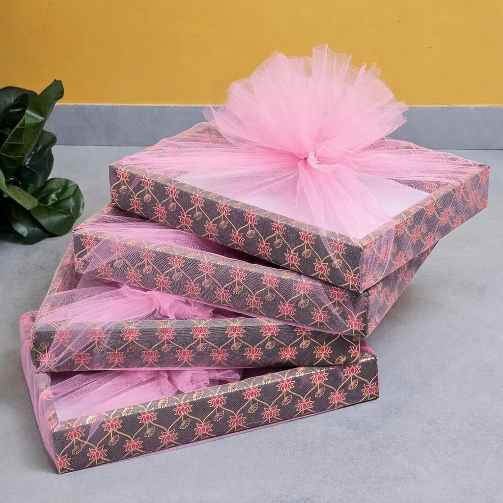 SATYAM KRAFT 6 Pcs Multipurpose Decorative Folding Gift Box | Premium Paper Tray with Pink Net for Diwali Gifts, Deepawali Hampers, Wedding, Birthday, Festive Occasions, Return Gifts (Green)