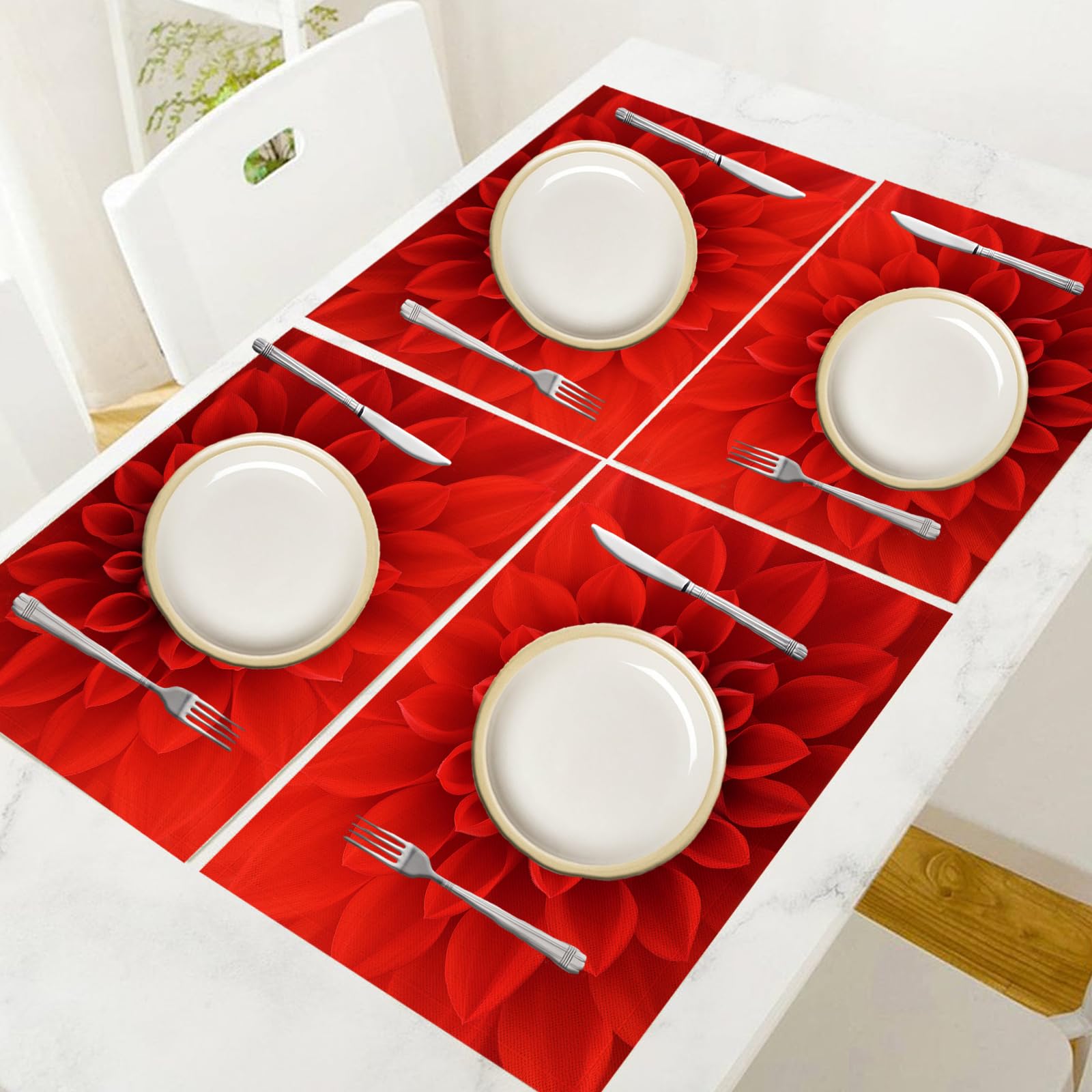 Set di 8 Tovagliette Americane Lavabili Cotone Lino Arte - Tovaglietta Americana Resistenti al Calore Durevole Petali di dalia rossa - per Colazione Pranzo 30×45 cm