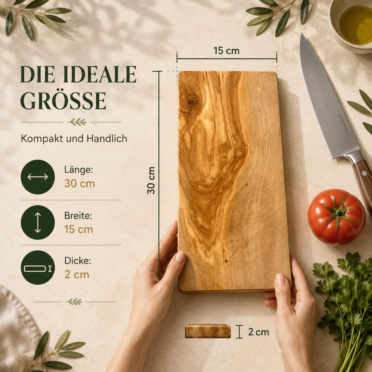 Schneidebrett personalisiert, Olivenholz - Rechteckiges Holzbrett mit Gravur (30 x 15 cm)