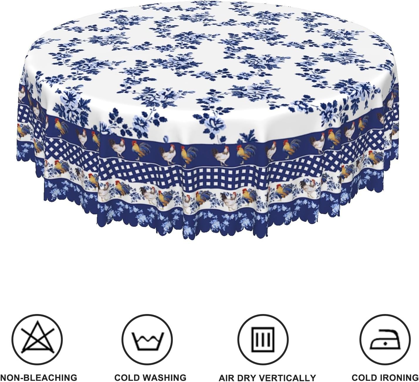 Blue Provence Rooster Round Tablecloth 70 Inch Elegant Blue Flowers Classic French Country Table Cloth Farm Animals Chicken Bordered Circular Table Cover for Kitchen Dining Room Home Decor