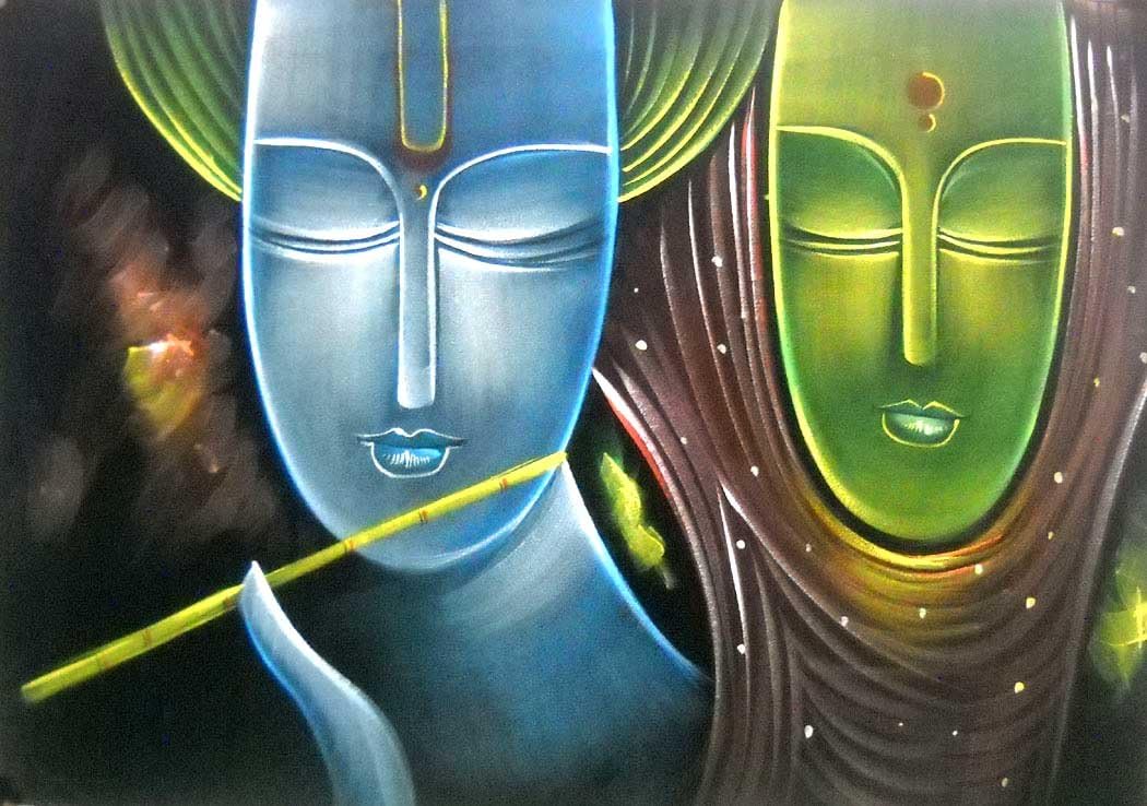Crafts of IndiaIndian Fluting Radha Krishna Hindu God Painting Wall Décor on Velvet Fabric: Size - 20"x28" Inches