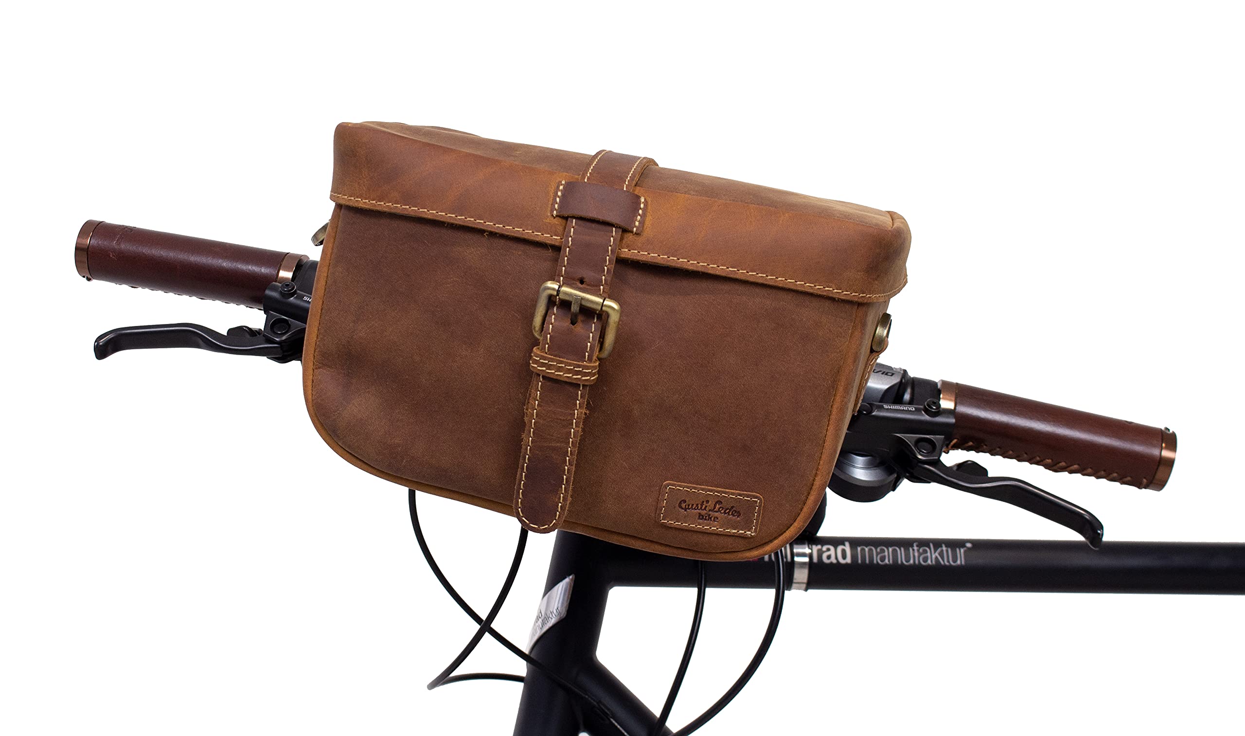Gusti Sacoche Guidon Cuir - Sac pour Vélo Sac à Bandoulière Sac en Cuir Vintage - Taille Unique - Marron - Compatible avec Bicyclette
