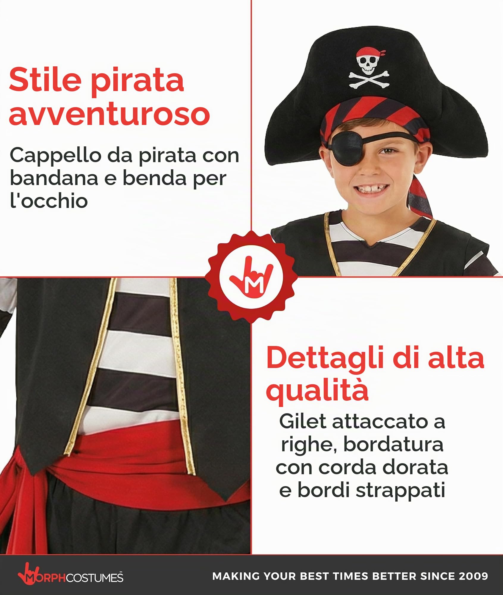 Morph Costume Pirata Bambino, Costume Pirata Halloween Bambino | Maglia con Gilet, Pantaloni, Cappello, Benda & Spada, Perfetto per Halloween, Ideale per il Gioco di Ruolo