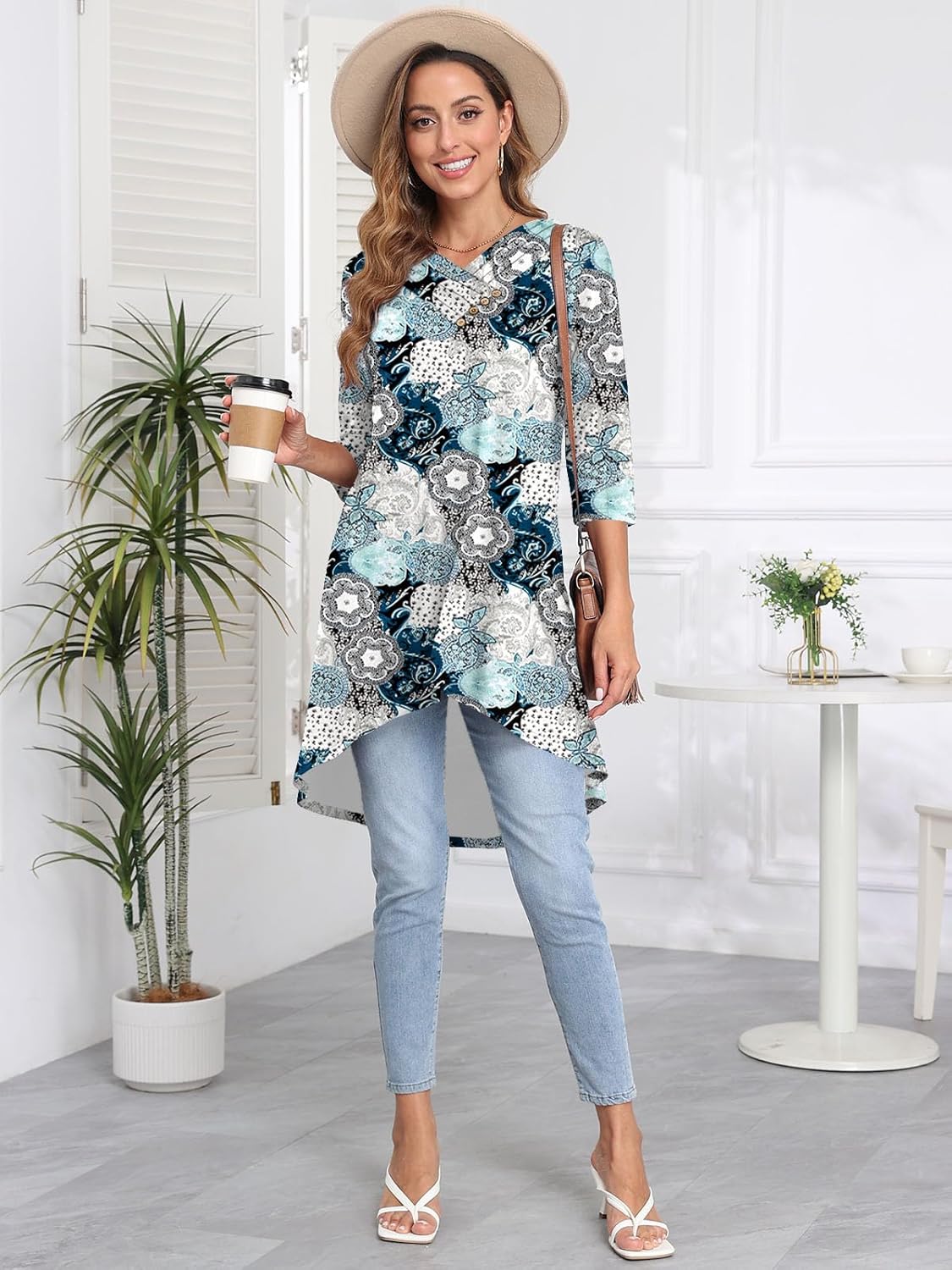 Naggoo Womens Long Shirts for Leggings 3/4 Sleeve Tunic Tops Loose Fit Dressy Casual V Neck High Low Tops Button Decor - Image 5