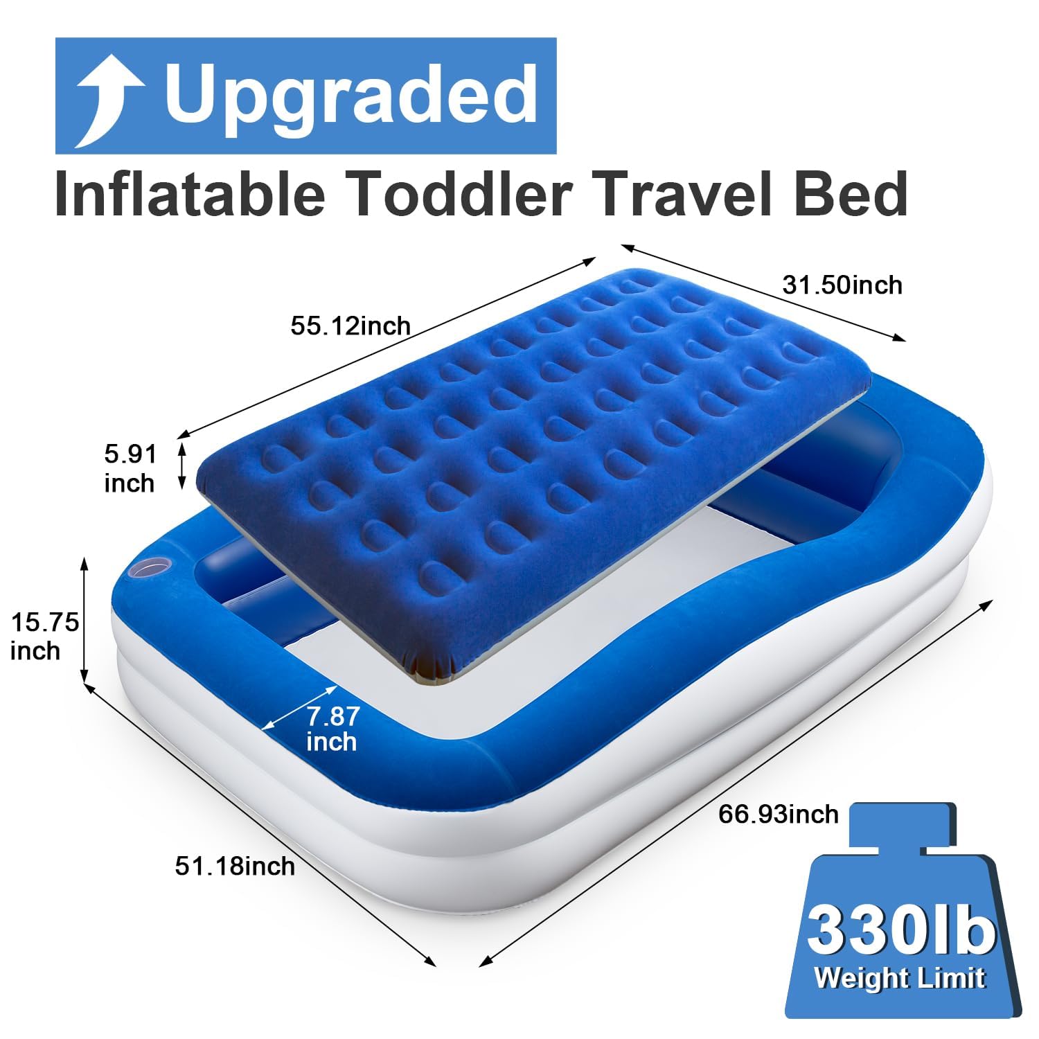 Aufblasbares Reisebett für Kleinkinder, tragbares Bodenbett mit Sicherheitsstoßstangen, aufblasbare Matratze für Camping, Zuhause und Übernachtungen, inklusive Pumpe und Tragetasche, für