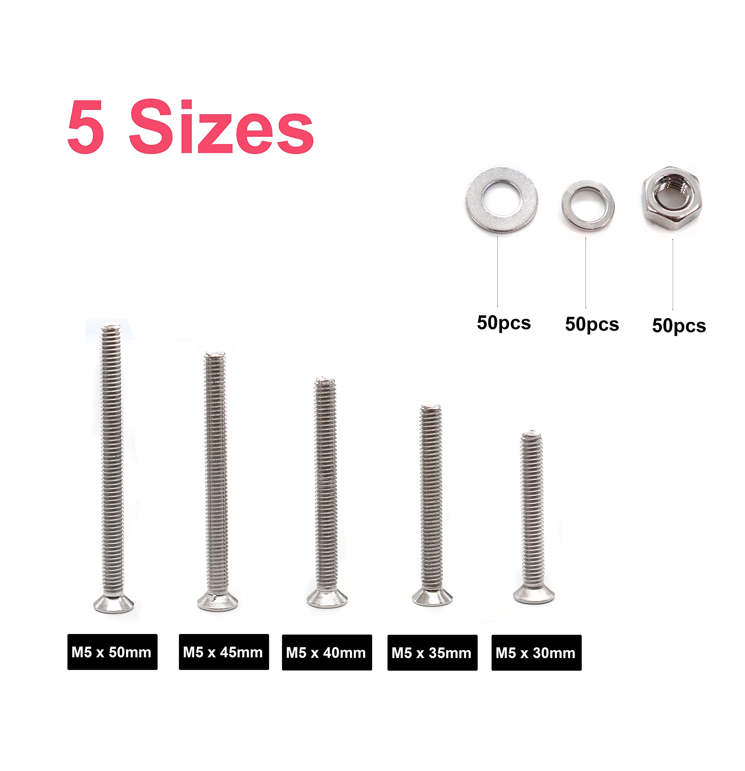 cseao 250pcs Metrisches M5 flat head Phillips Maschine Schrauben Muttern Unterlegscheiben Sortiment Kit, 304 Edelstahl