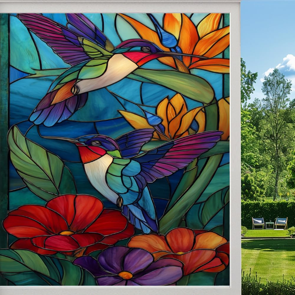 Pmlbaous Tropical Hummingbirds Privacy Window Film, Natural Flowers Bird Frosted Self-Adhesive Vinyl Cling For Glass Doors Bathroom Windows Sun Blocking Heat Control, （40X90cm）