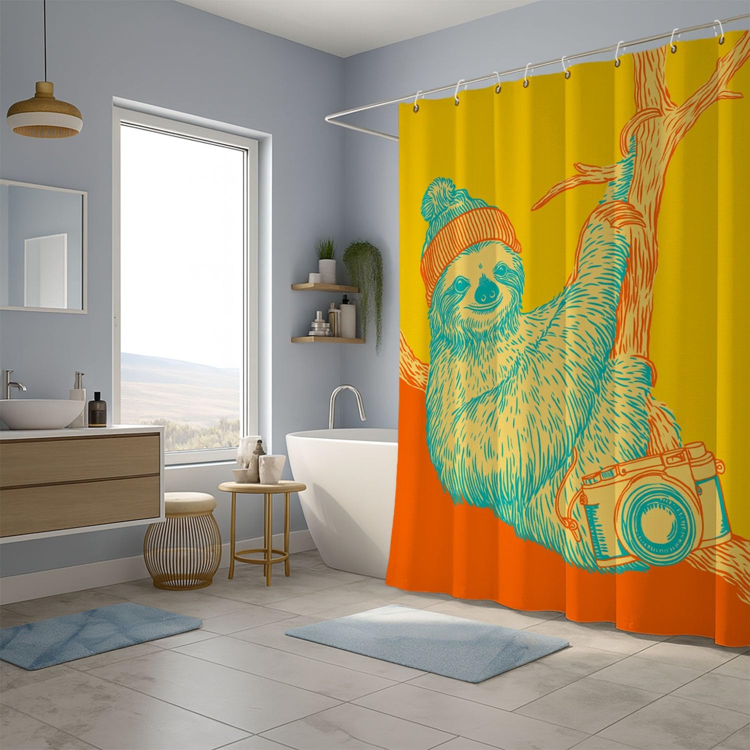 Zasłona prysznicowa 240 x 200 cm, 1 panel, miękka mikrofibra, wodoodporna i odporna na pleśń, nadaje się do prania, do łazienki, wanny, z oczkami i haczykami, pomarańczowa, leniwiec