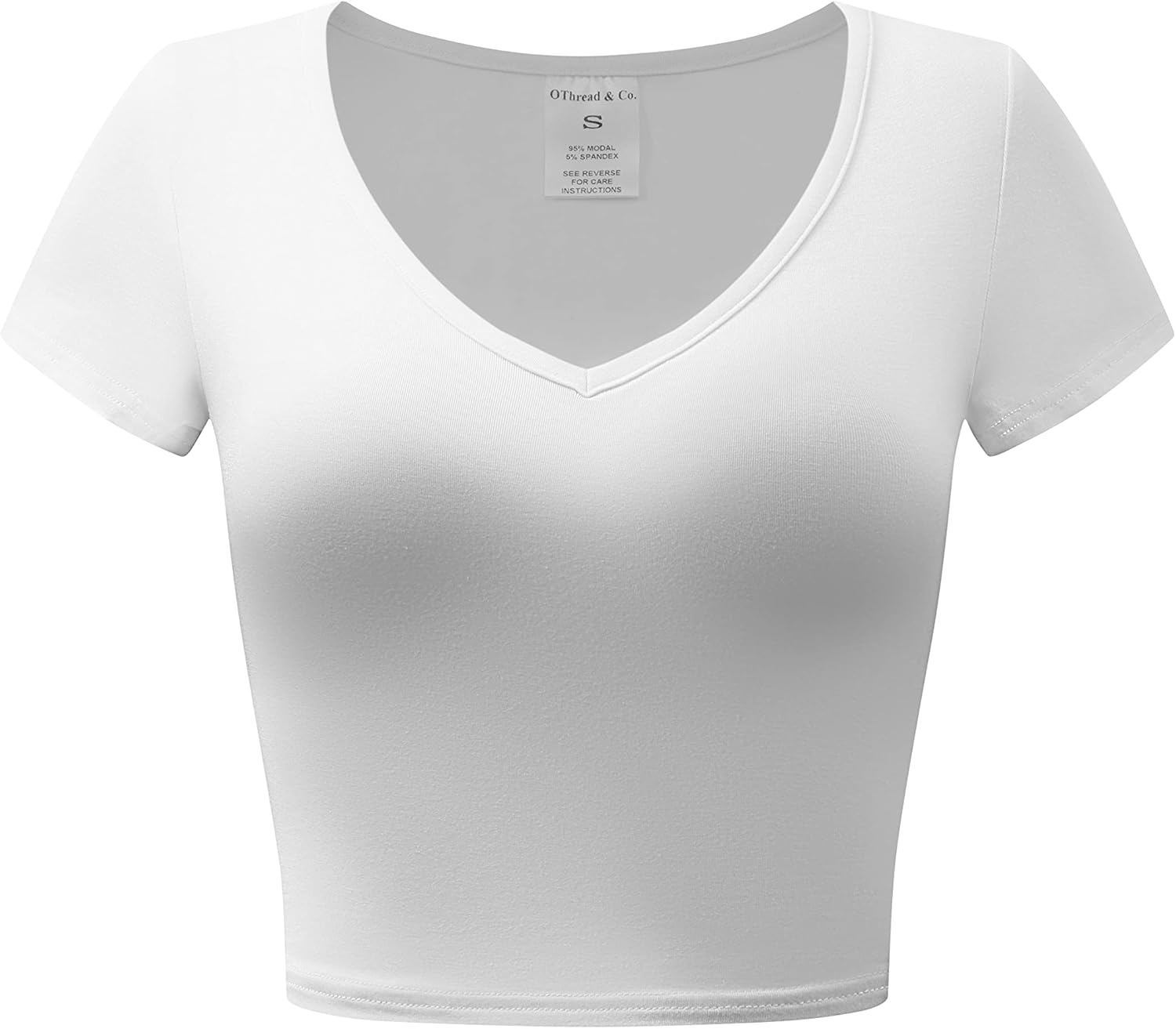 OThread & Co. Women's Short Sleeve V-Neck Crop Top Basic Comfy Stretch Tee