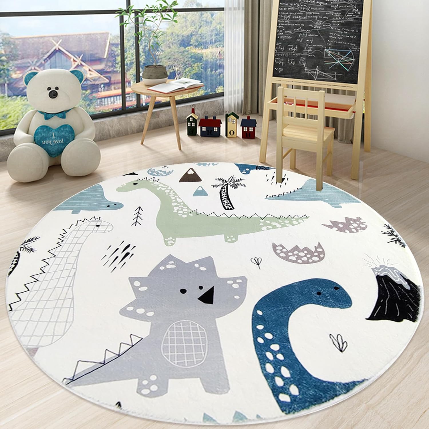 Kids Rug 5Ft Round Dinosaur Carpet for Boys Bedroom Circle Nursery Play Mat Animal Playroom Area Rug for Children Boys Girls Cars, Nonslip, Jungle, Classroom Decor
