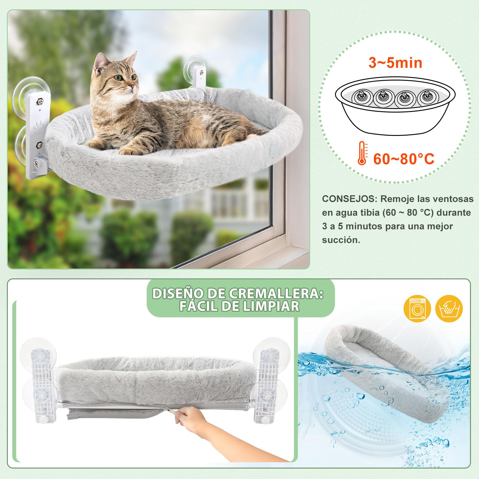 GUUSII HOME Hamaca Cama Gato Ventana Hamacas Colgante Plegable Amaca con Ventosa Gatos Grande Cálido Camita Alfombra Reversible de Interior Fácil de Instalar 53 * 30cm Soporta hasta 18kg
