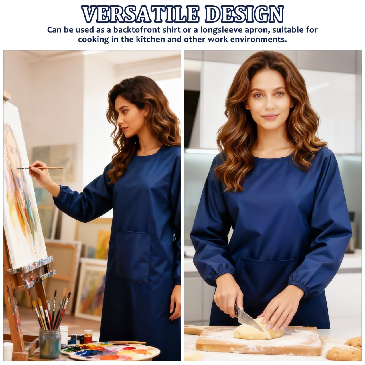 VILLCASE Tablier avec manches, tablier de peinture avec poche, tissu imperméable anti-huile, tablier de cuisine pour adultes (Bleu foncé)
