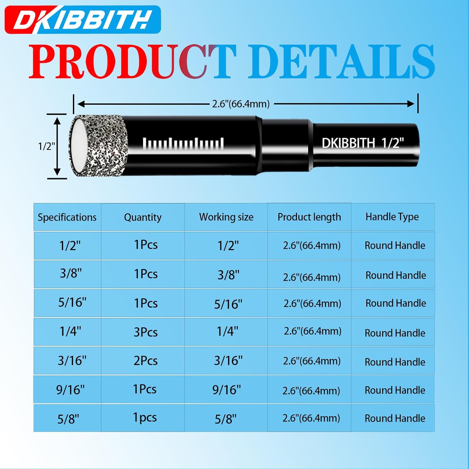 10pc Dry Diamond Core Drill Bits Set, Tile Drill bits for Ceramic Porcelain Marble Granite Stone Glass, Integrated Coolant for Dry Drilling, Round Shank, Size 3/16" 1/4" 5/16" 3/8" 1/2" 9/16" 5/8"