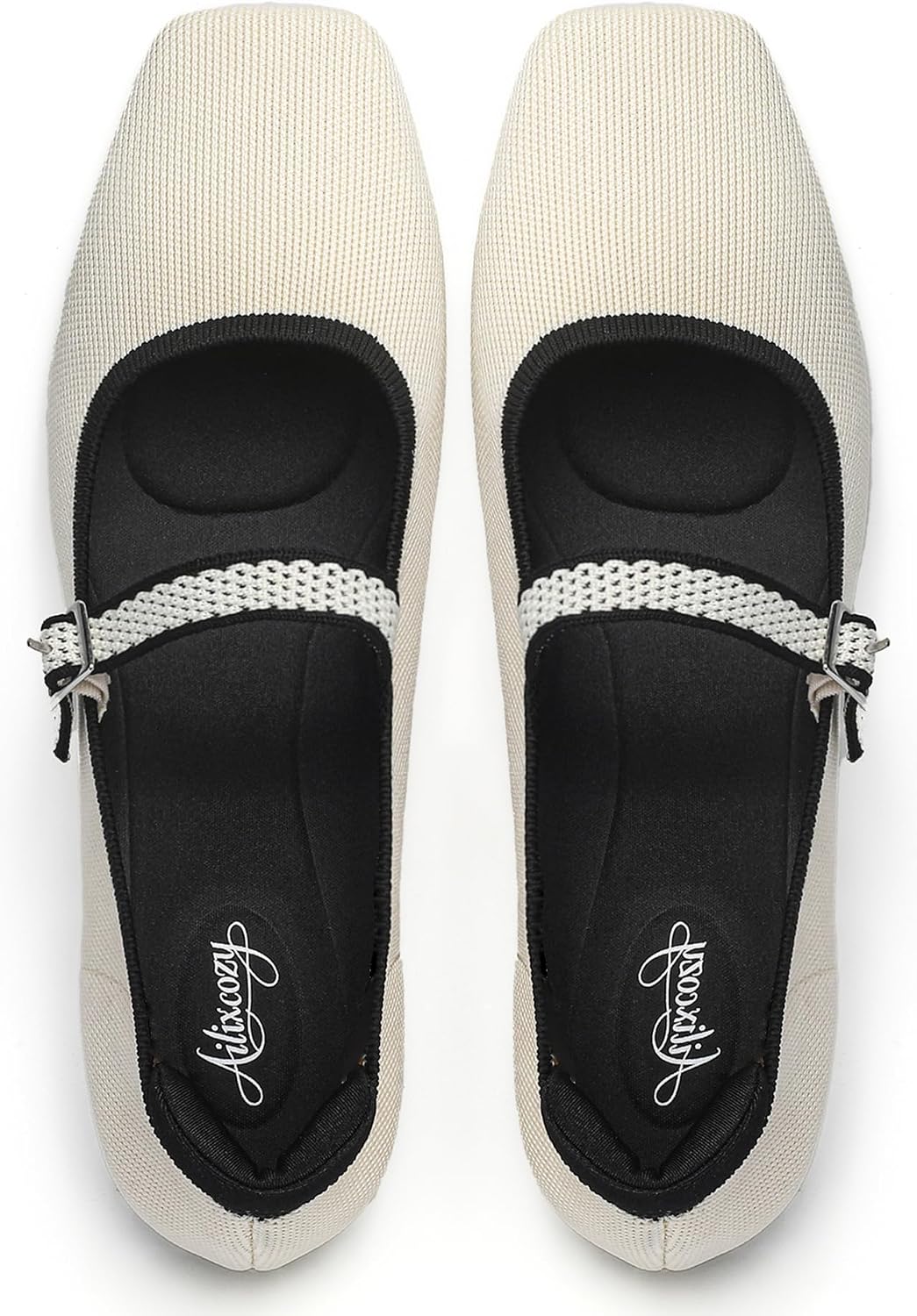 Ballet Flats for Women, Square Toe Mary Jane Shoes Comfortable Dressy Flats Adjustable Straps Washable Knit Casual Office Shoes with Arch Support Latex Insole