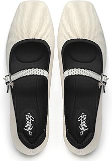 Ballet Flats for Women, Square Toe Mary Jane Shoes Comfortable Dressy Flats Adjustable Straps Washable Knit Casual Office Shoes with Arch Support Latex Insole