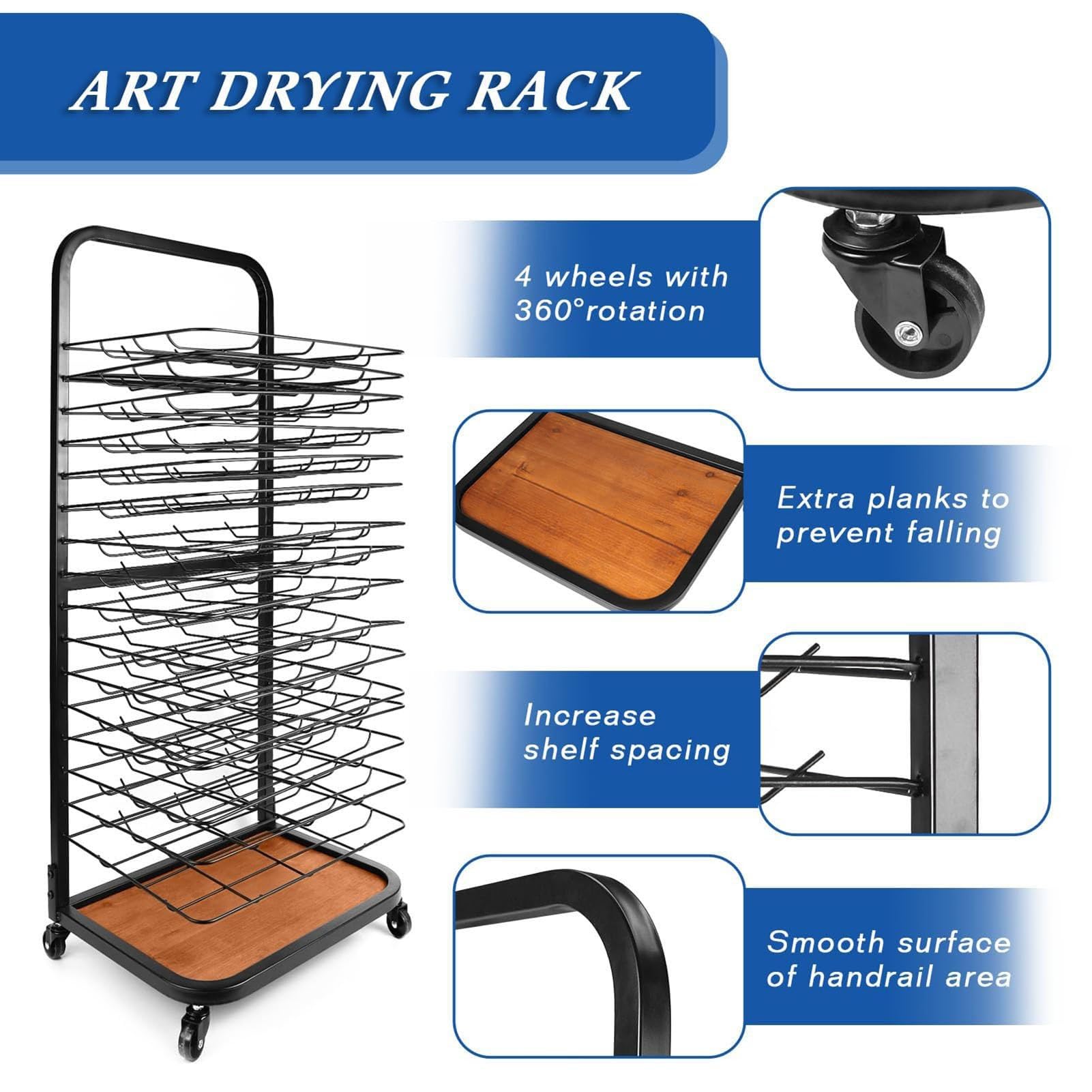 Estante de secado de arte, estante de metal resistente para manualidades con estantes flexibles, estante móvil de secado de pintura con ruedas bloqueables, ideal para escuelas y estudios de arte