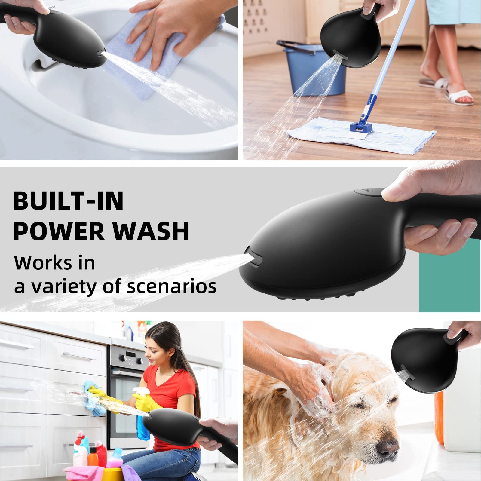 Cobbe High Pressure 9 Functions Shower Head with handheld, Built-in Power Spray to Clean Corner, Tub and Pets, Stainless Steel Hose Adjustable Bracket(Matte Black)