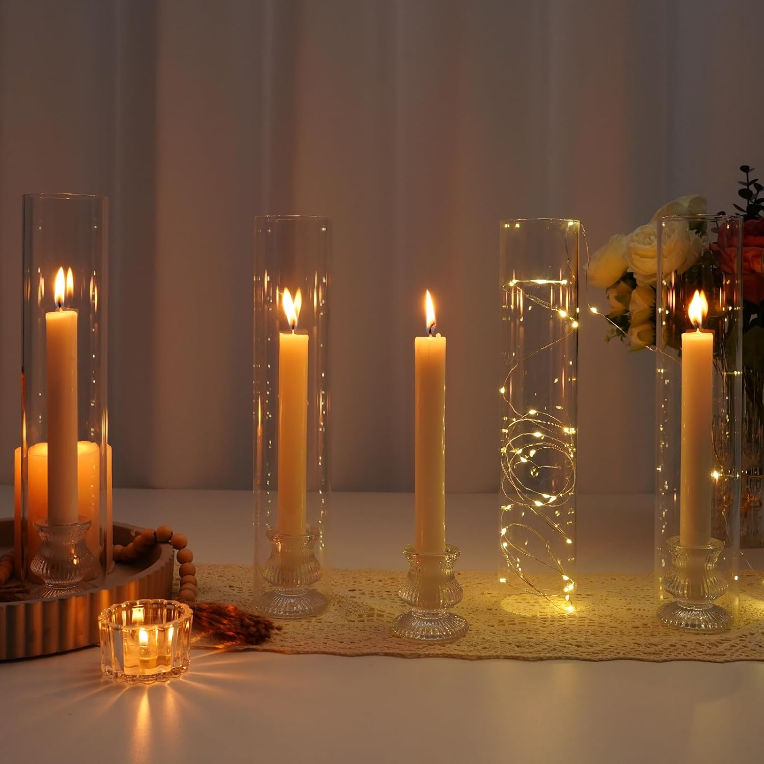 Hurricane Glass Candle Holders 4Pcs Fluted Candlestick Holders for Taper Candles with Cylinder Covers Crystal Candle Sticks Holder Decor for Wedding Birthday Christmas Table Decoration - Image 7