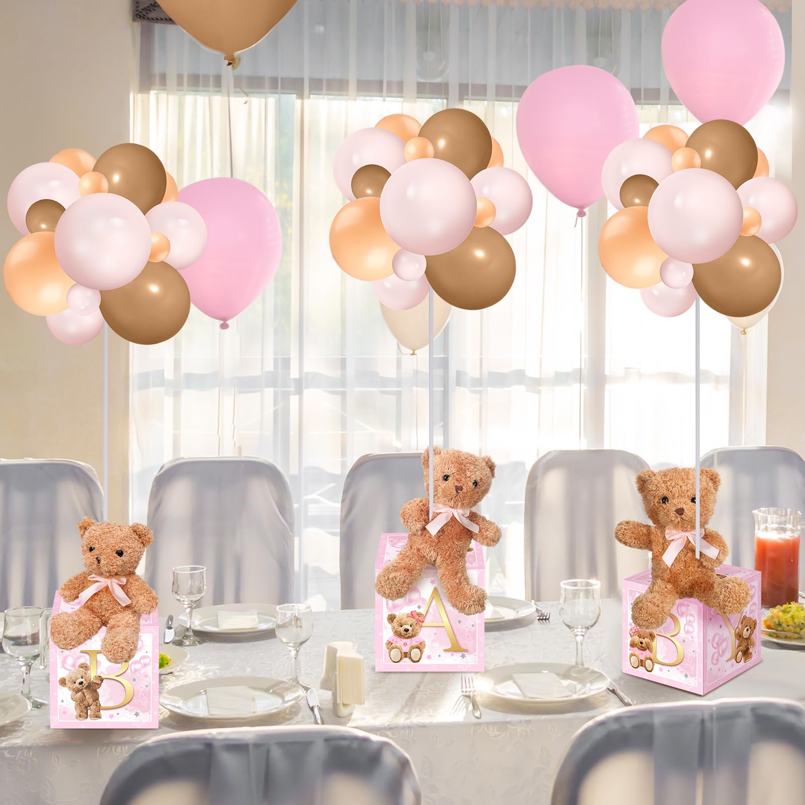 Lenwen 3 Sets Animal Decoration for Baby Shower, Baby Letter Boxes Baby Shower Table Centerpiece Stuffed Animals Balloon with Stand Animal Plush Toy Baby Boxes for Birthday Party (Pastel,Bear)