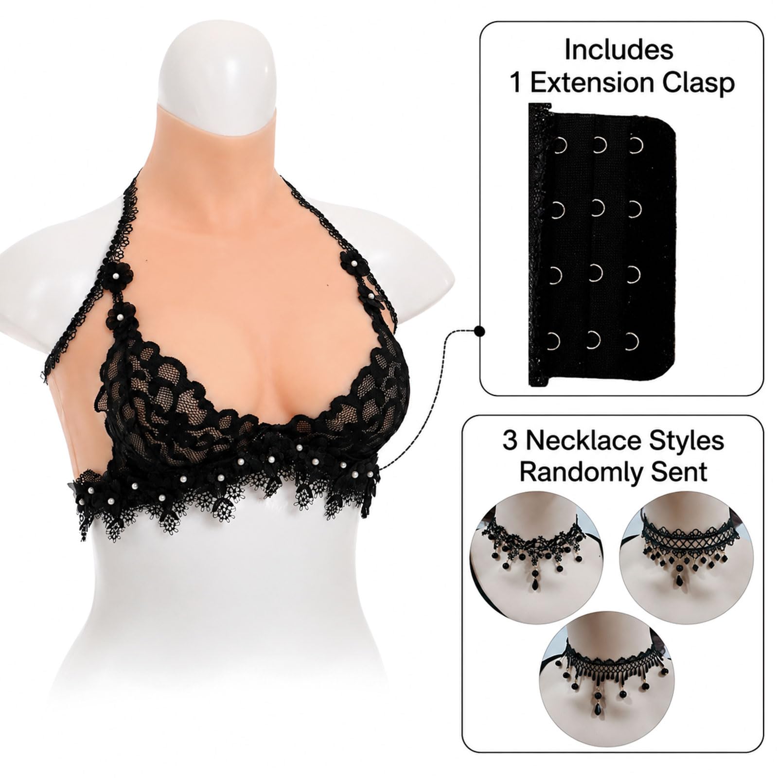 XSWL Reggiseno in Pizzo Nero con Protesi mammaria Silicone Coppa C | Protesi mammaria morbida in silicone coppa C con pizzo nero e bottoni, ideale per uso quotidiano dopo mastectomia