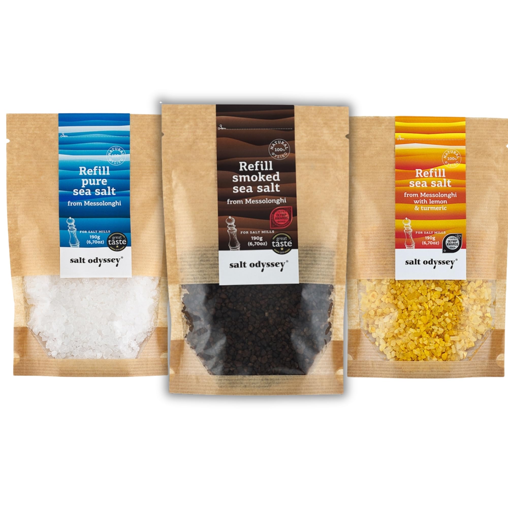 Salt Odyssey Greek Sea Salt Refill Combo in Resealable Kraft Pouches – Pure, Smoked, Lemon & Turmeric Sea Salt | Natural Coarse Crystals for Salt Mills & Grinders, 3 x 190 g (Total: 570 g)