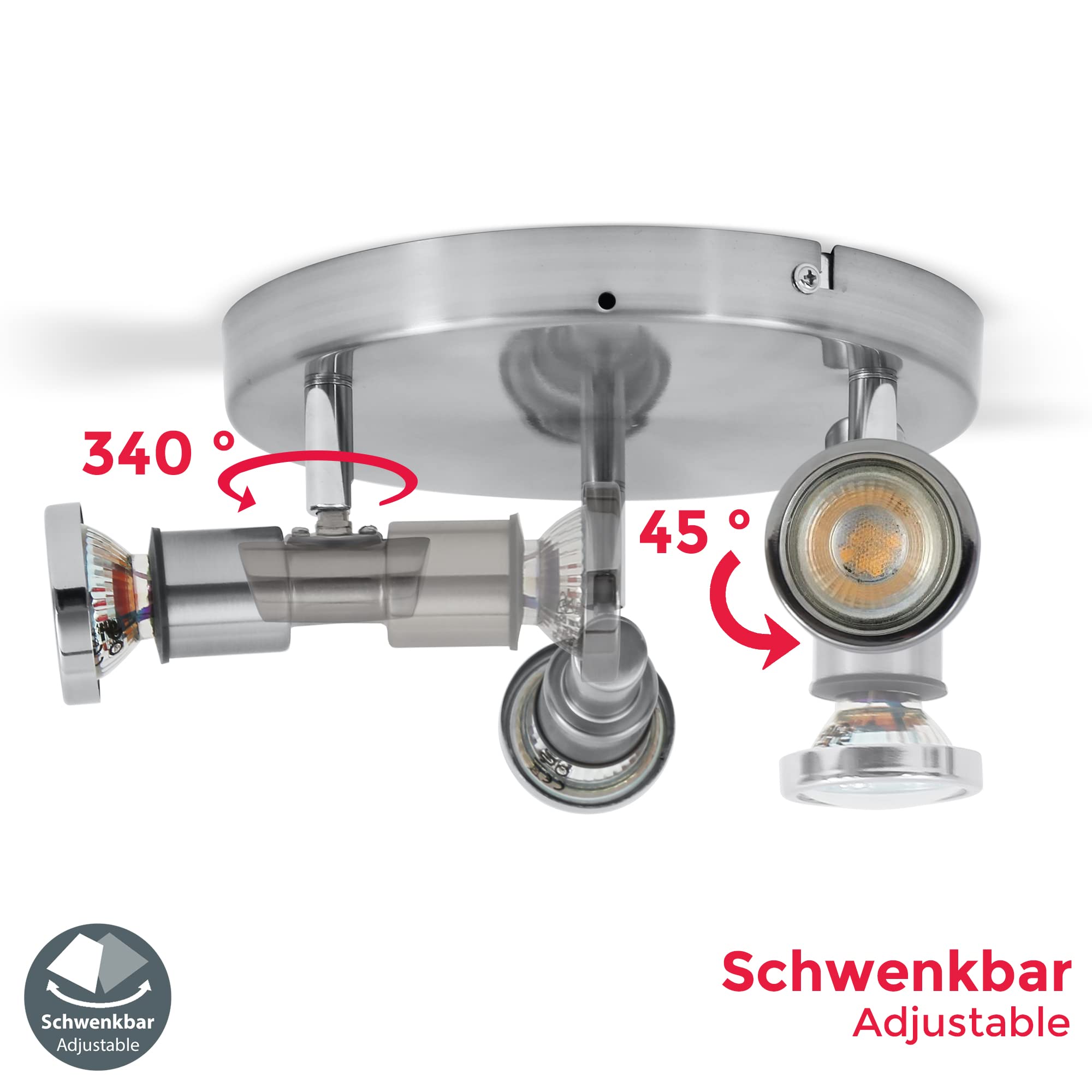 B.K.Licht Plafoniera LED da soffitto con faretti orientabili per bagno resistente agli schizzi d'acqua IP44, include 3 lampadine GU10 5W, metallo color nickel opaco, faretti LED luce calda 3000K, 230V